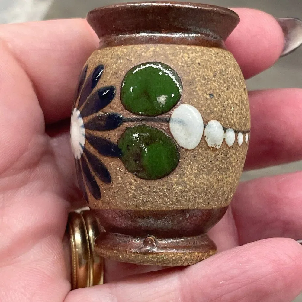 Miniature Hand Painted Mexican Pottery Blue Flower Sandstone Bud Vase Decor